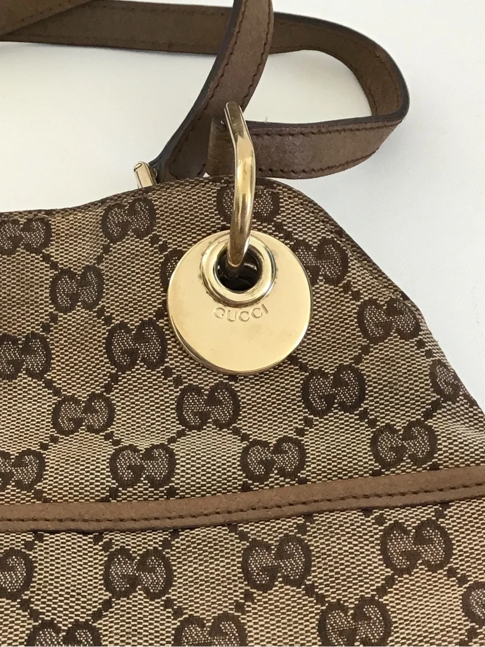 Gucci GG Canvas Eclipse Shoulder Bag Beige Brown Monogram Leather Trim Italy - Picture 5 of 15